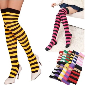 

1Pair New Women Girls Over Knee Long Stripe Printed Thigh High Striped Patterned Socks Sweet Cute Warm Wholesale Lot 10 Colors