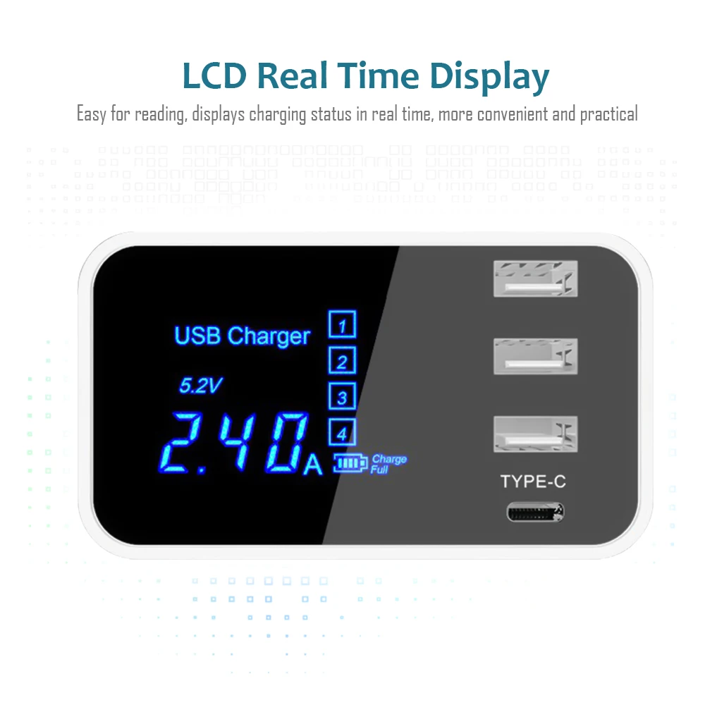 

New Digital USB Charger 4A with 3 USB Ports & 1 Type-C Port LCD Display Desktop Charging Station Compatible for iOS & Android
