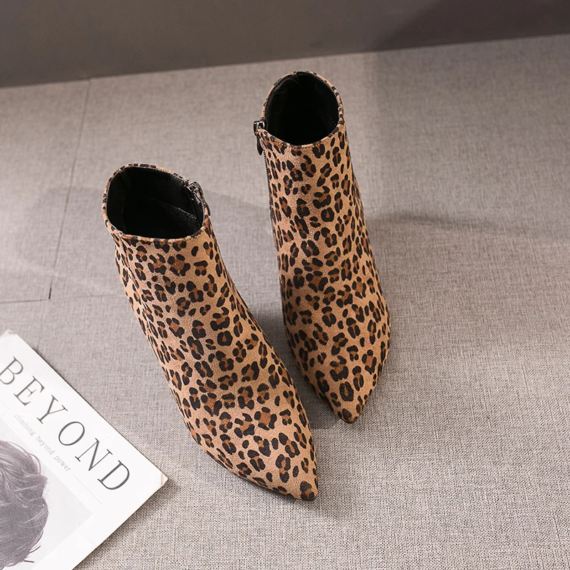 Plus Size 35-43 New Women Soft Wild Ankle Boots Autumn Crazy Leopard Zipper Shoes Woman High Heels Female Casual Jeans Boot