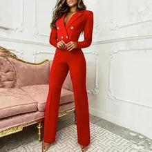 

New Fashion Women Sexy Overalls Work Wear Long Pants Office Lady V Neck Double Breasted Full Sleeve Blazer Slim Jumpsuit