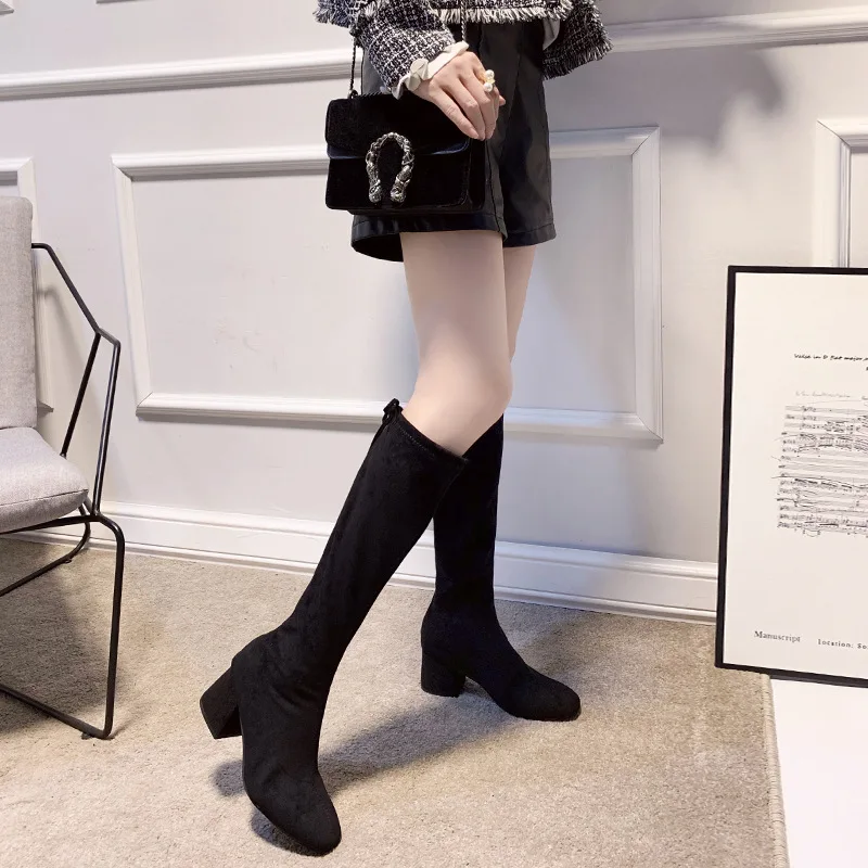

2019 New Style Chunky-Heel round-Toe Suede Boots Tie-Back Europe And America Biker Boots Women's Semi-high Heeled Elasticity Wom