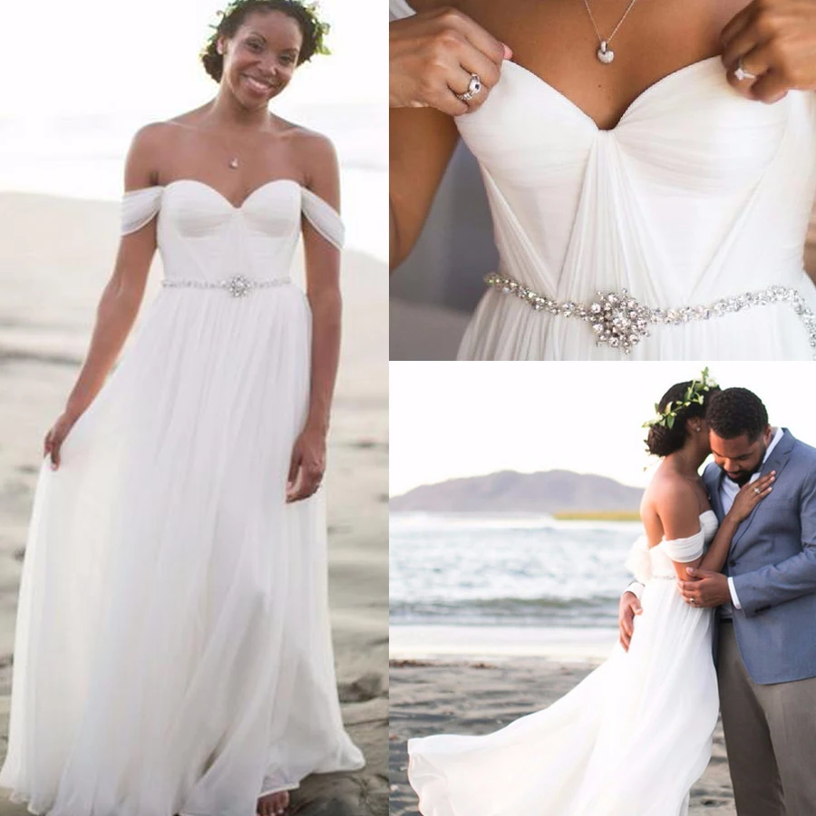 

Chiffon Simple Off the Shoulder Long Wedding Dress with Pleat Crystal Backless Bridal Dress vestido de novia
