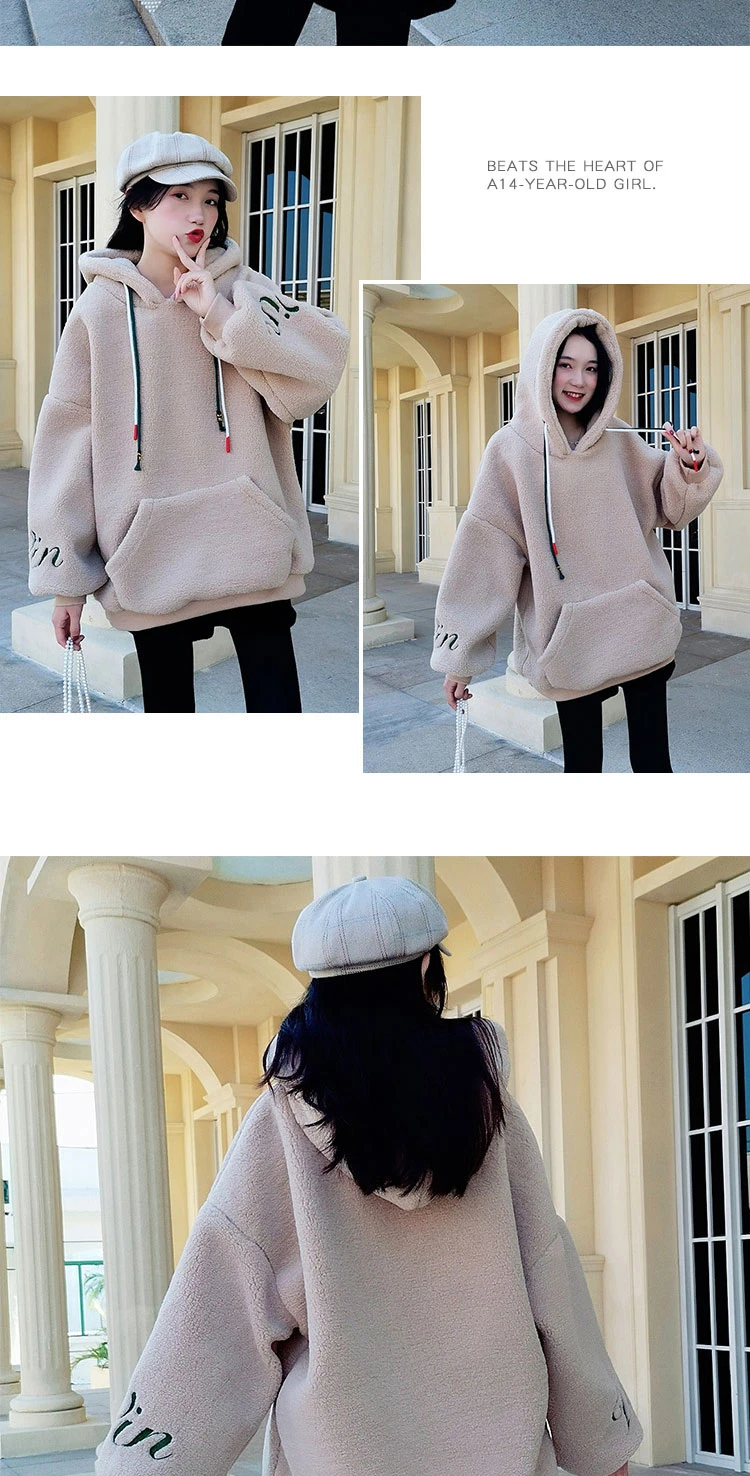 Faux Lambs Wool Hoodies Sweatshirts Women Hooded Long Sleeve Pocket Letter Autumn Winter Pullovers Warm Oversized Outwear W245