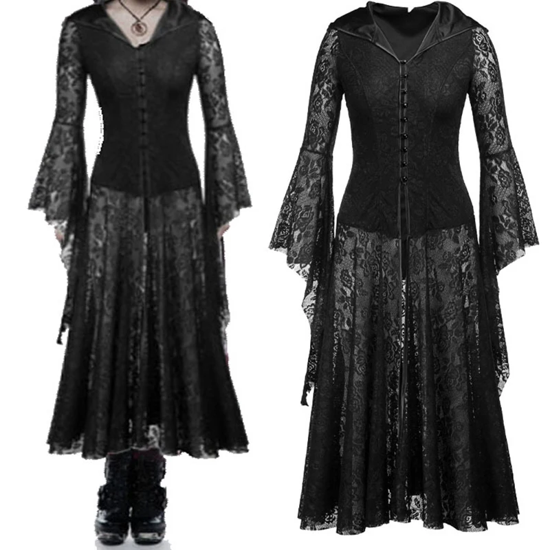 New Adult Women Retro Cosplay Dress Ladies Medieval Costume Black Gown Clothing Vintage Gothic Renaissance Outfit S-XL