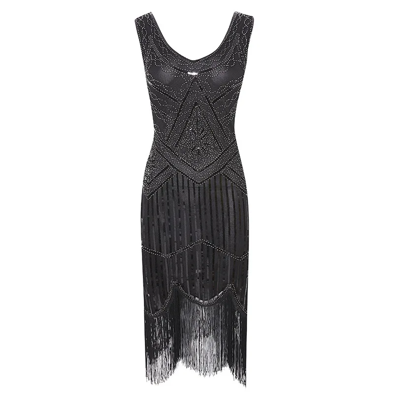 Винтажное платье 1920s Gatsby с блестками, бахромой и Пейсли для женщин, плюс размер XS s M L XL XXL XXXL XXXXL - Цвет: Black silvery
