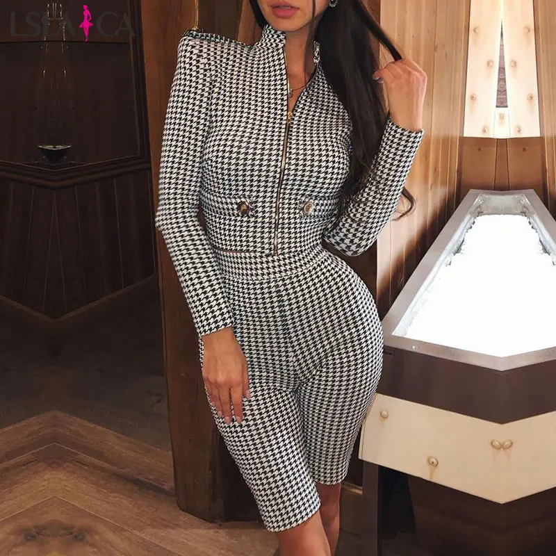 

Lslaica Women's jumpsuit Houndstooth casual print tight temperament suit elegant five pants autumn 2019 female