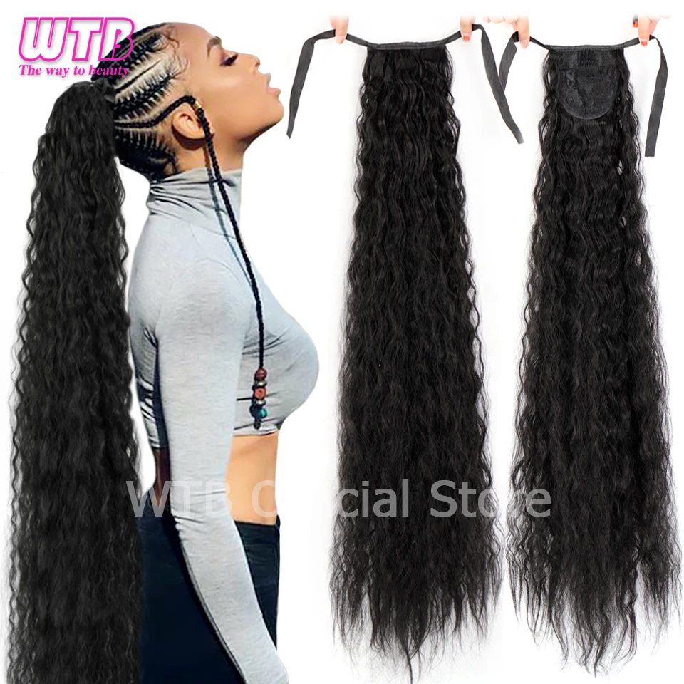 WTB-coleta larga ondulada de maíz, pelo sintético Natural con lazo ajustable, cola de caballo negra, extensiones de peluquines para mujer