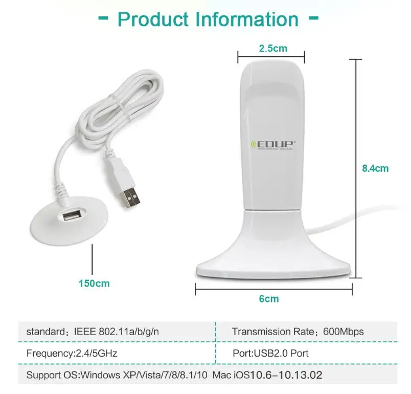 EDUP USB Wifi адаптер 5 ГГц 600 Мбит/с usb Ethernet беспроводная сетевая карта Wifi донгл Wi-Fi приемник с 1,2 м удлинительным usb-кабелем