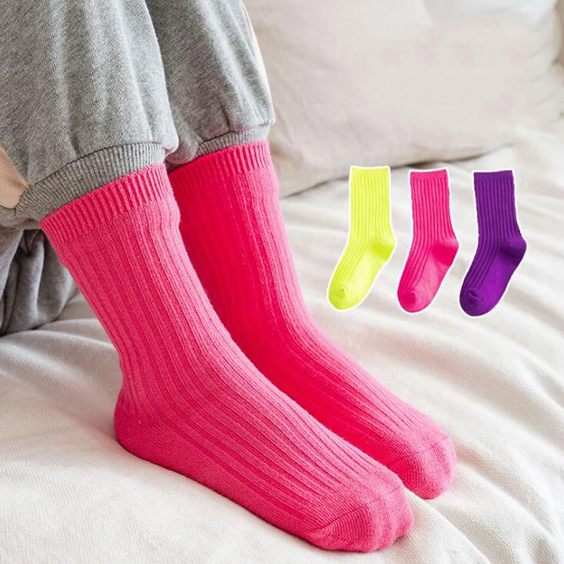 3 Pairs Autumn Winter Children Socks Boys Girls Soft Double Needle Cotton Tube Socks Solid Candy Color Sport