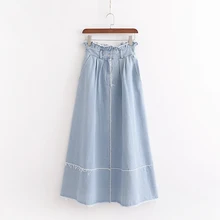 OMIKRON Новая модная синяя хлопчатобумажная юбка из денима Женская Осенняя Высокая талия шнурок линия свободные джинсы в гармошку юбки Falda Larga