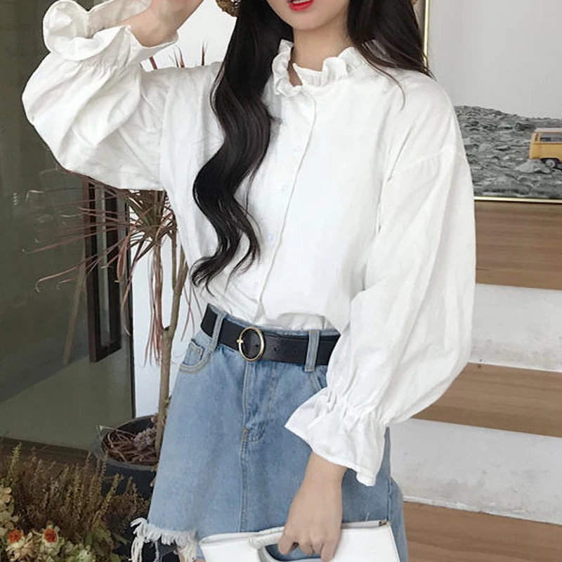 Ruffle Preppy White Shirt Oversize Women Trend Korean Stand Collared Long sleeve Top Elegant Office Lady Blouse Femme Casual