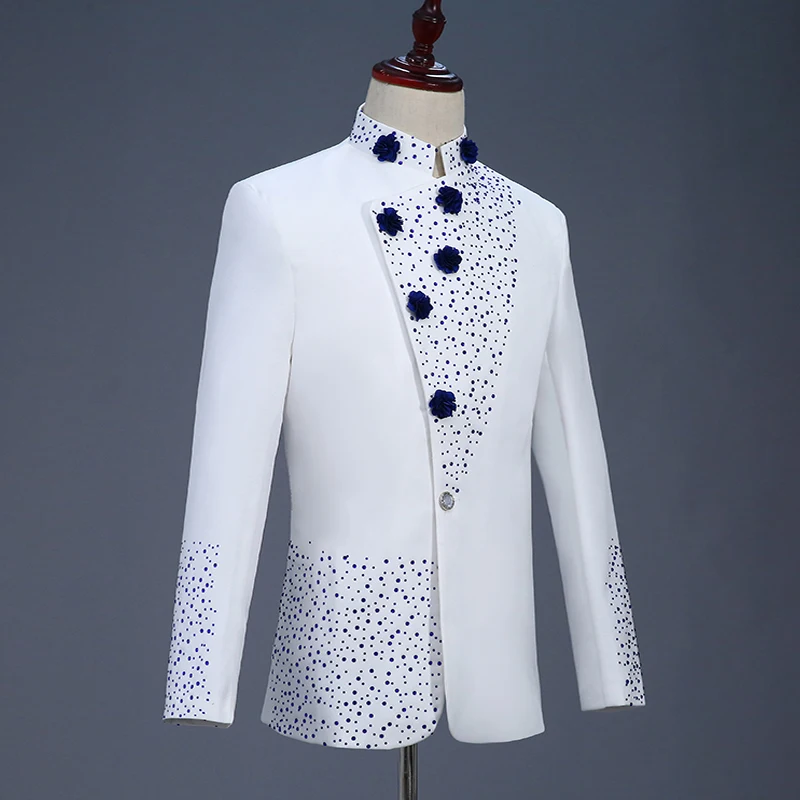 Boutique men's retro tunic suit set two-piece ball suit Chinese dress inlaid blue diamond men's collar white suit(coat+ pant