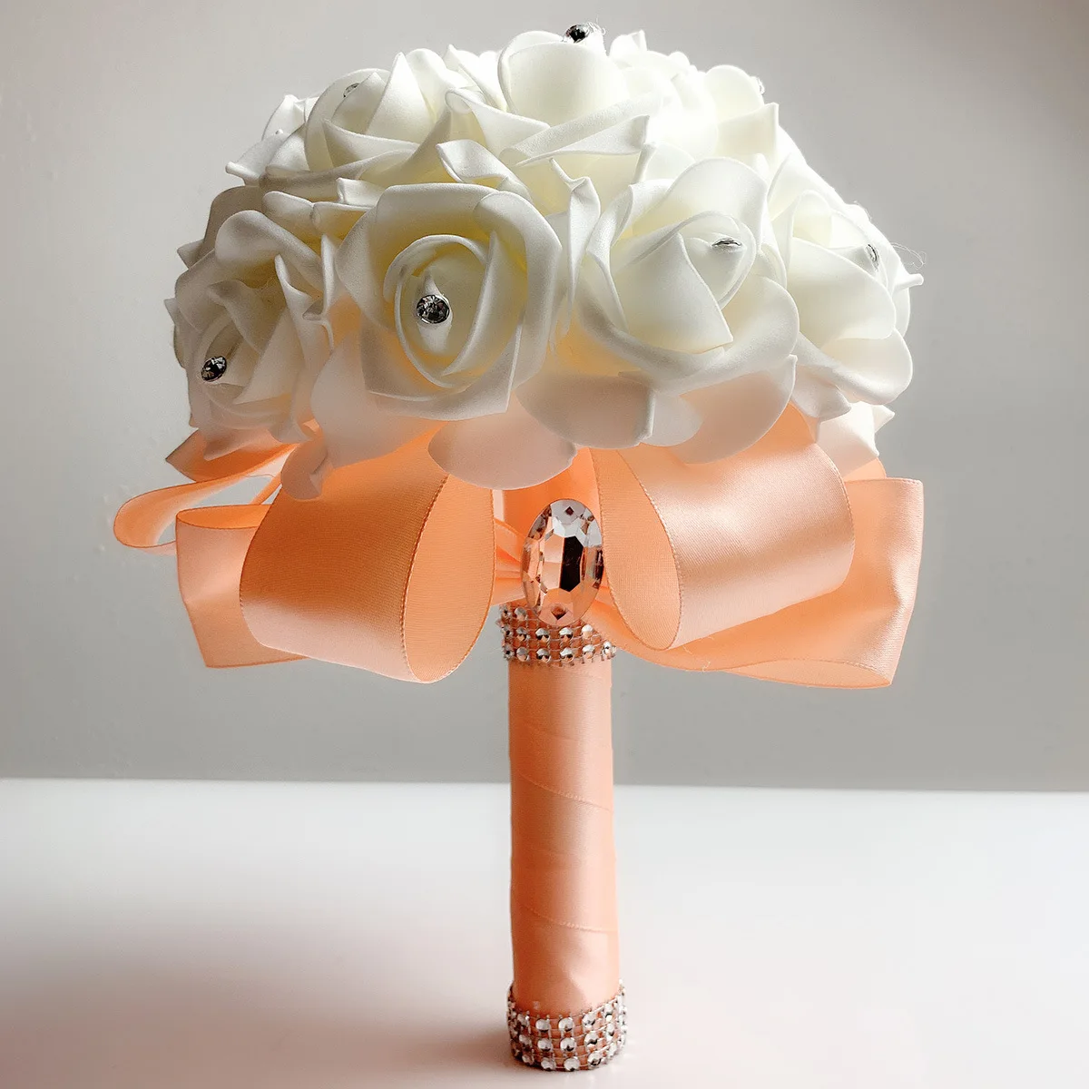 ARTIFICIAL PINK IVORY HOT PINK FOAM ROSE BRIDE CRYSTAL WEDDING BOUQUET FLOWERS