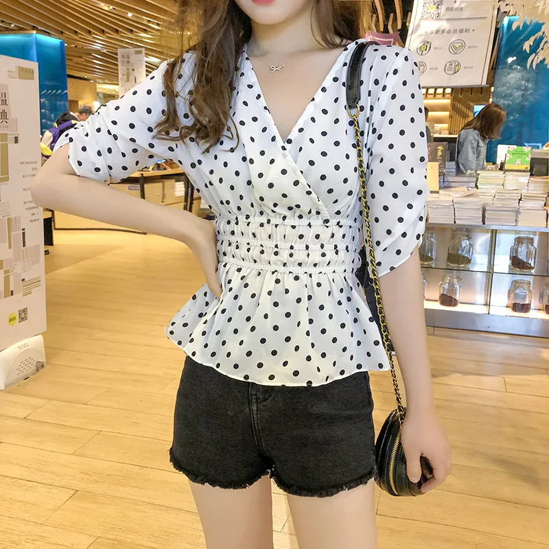  2019 Summer WOMEN'S Dress Fashion Polka Dot Elegant Elastic Waist Short-sleeved Shirt Slim Fit Slim