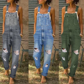 

Jumpsuits women jeans denim back belt pants simple casual washed and hole pants large women suspenders ladies rompers trousers
