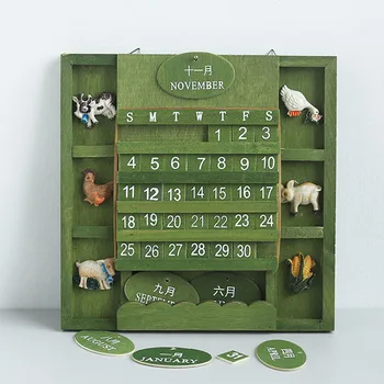 

Reusable Practical Manual Home Office Animals Permanent Vintage Perpetual Wall Arts Decorative Wood Calendar Block Craft Hanging