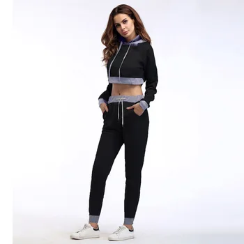

Women Street Hoodies Sport Suit 2 Piece Long Sleeves Sexy Crop Top Drawstring Pant With Pockets Fitness Casual Jogging Set 2 Pcs
