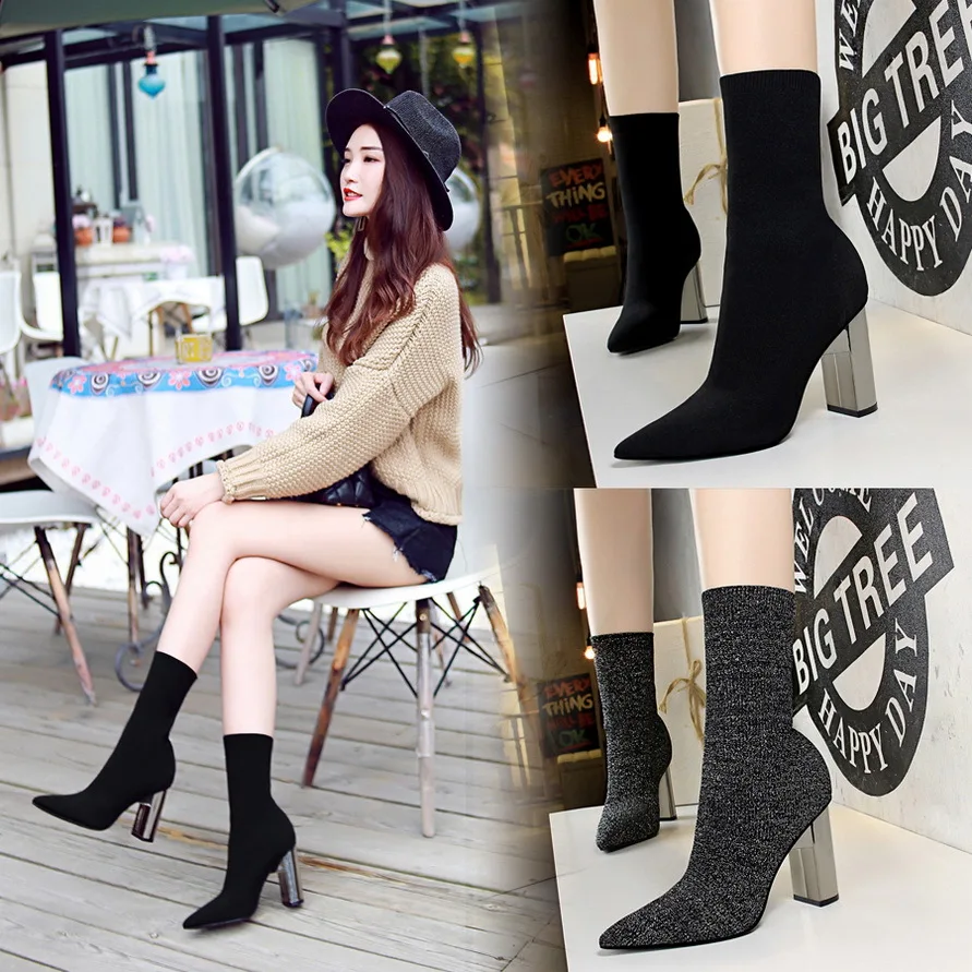 

3128-2 Western Style Short WOMEN'S Boots Metal with Thick with High Heels Sexy Nightclub Slimming Pointed-Toe Yarn Short Boots
