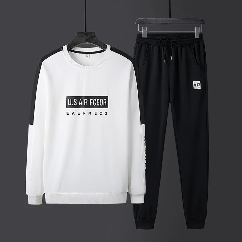 

New Style Spring And Autumn Men Casual Crew Neck Printed Hoodie Suit Teenager Students Korean-style Trend Sports 2 Pieces
