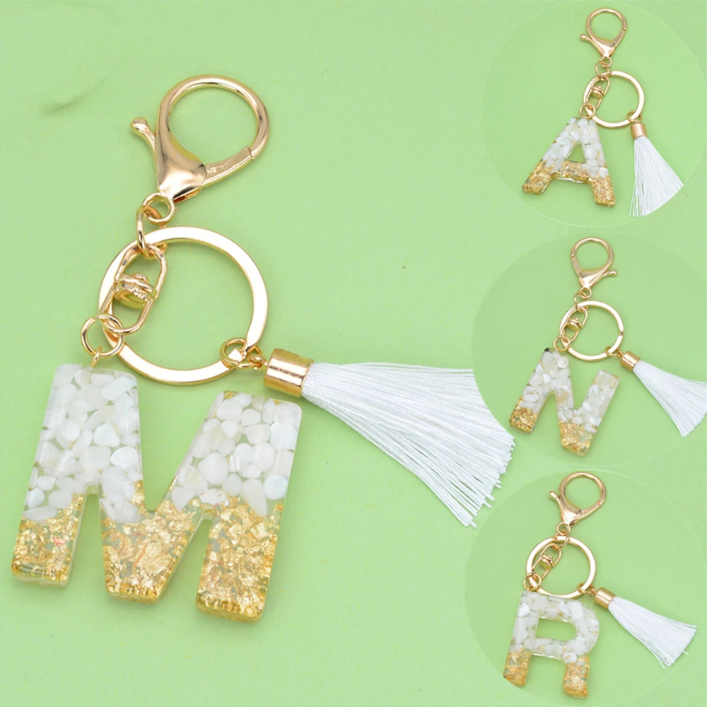 New White Tassel Keyring 26 English Alphabet Resin With Gold Foil Keychain Women Handbag Charms Accessories Christmas Gift | Украшения и
