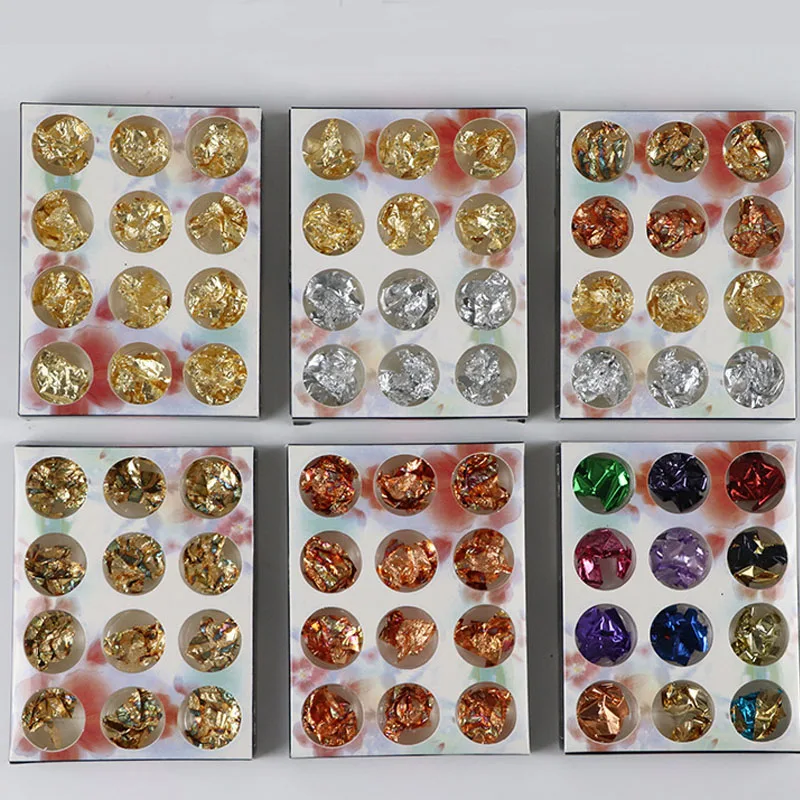 

1set(12pcs) Gold/Silver/Colorful Flakes Aluminum Foils Stickers With UV Gel Irregular Sequins Mirror Powder Paillette For Nails