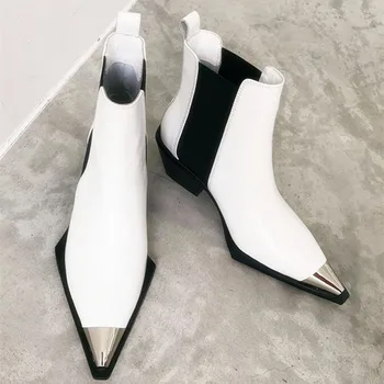 

Elastic White Leather Chelsea Bootss Metal Pointed Toe booties designer women's shoes
