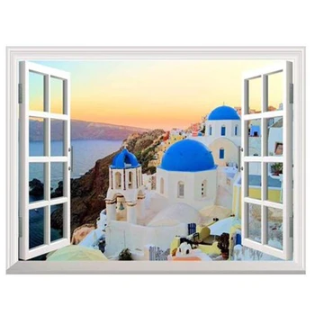 

diy round Diamond painting Sunset View of the Blue Dome Churches of Santorini, full diamond embroidery Window View Home Decor