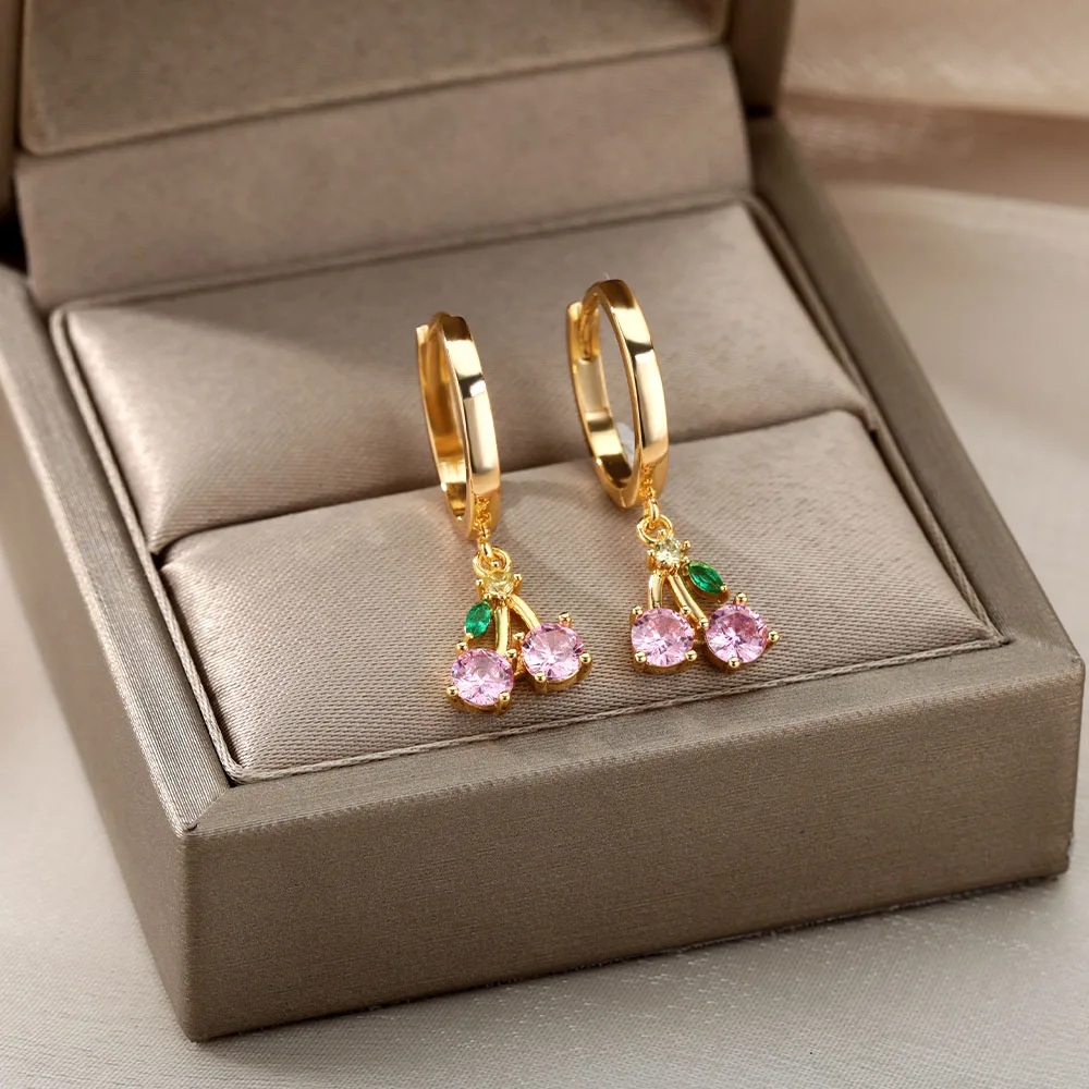 Crystal Cherry Drop Earrings Women Stainless Steel Pink