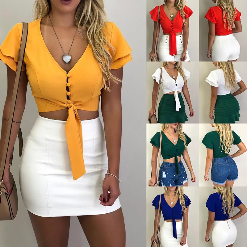 Fashion Women Shirt Summer Short Sleeve butterfly Chiffon V Neck Button Top Crop Streetwear White Red Blouses 2019 |