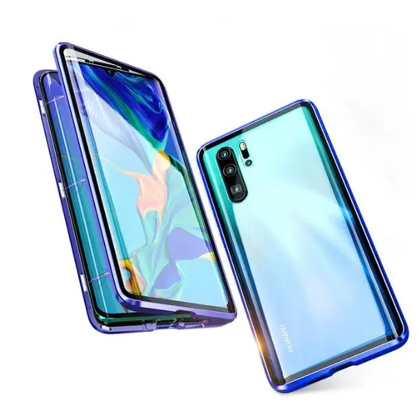 blue Магнитный чехол с двойным стеклом для huawei P30 20 mate 30 mate 20 Pro Чехол для Honor 20 Psmart z закаленное стекло 360 Полное покрытие - Цвет: blue