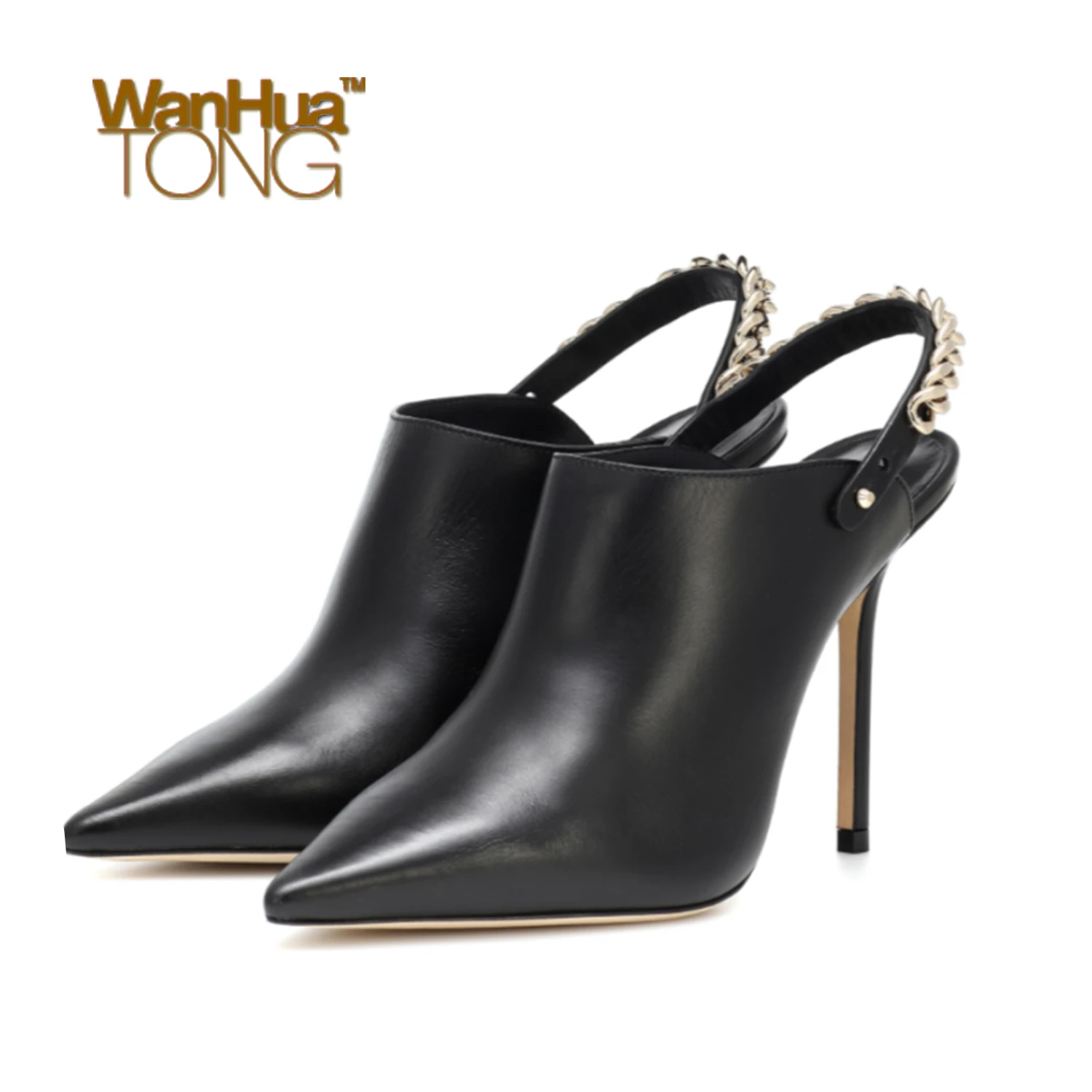 

Wanhuatong Woman Spring Pointed Toe Slingbacks Business Daily Stiletto Heel Mules Metal Chain Female Shoes Size45