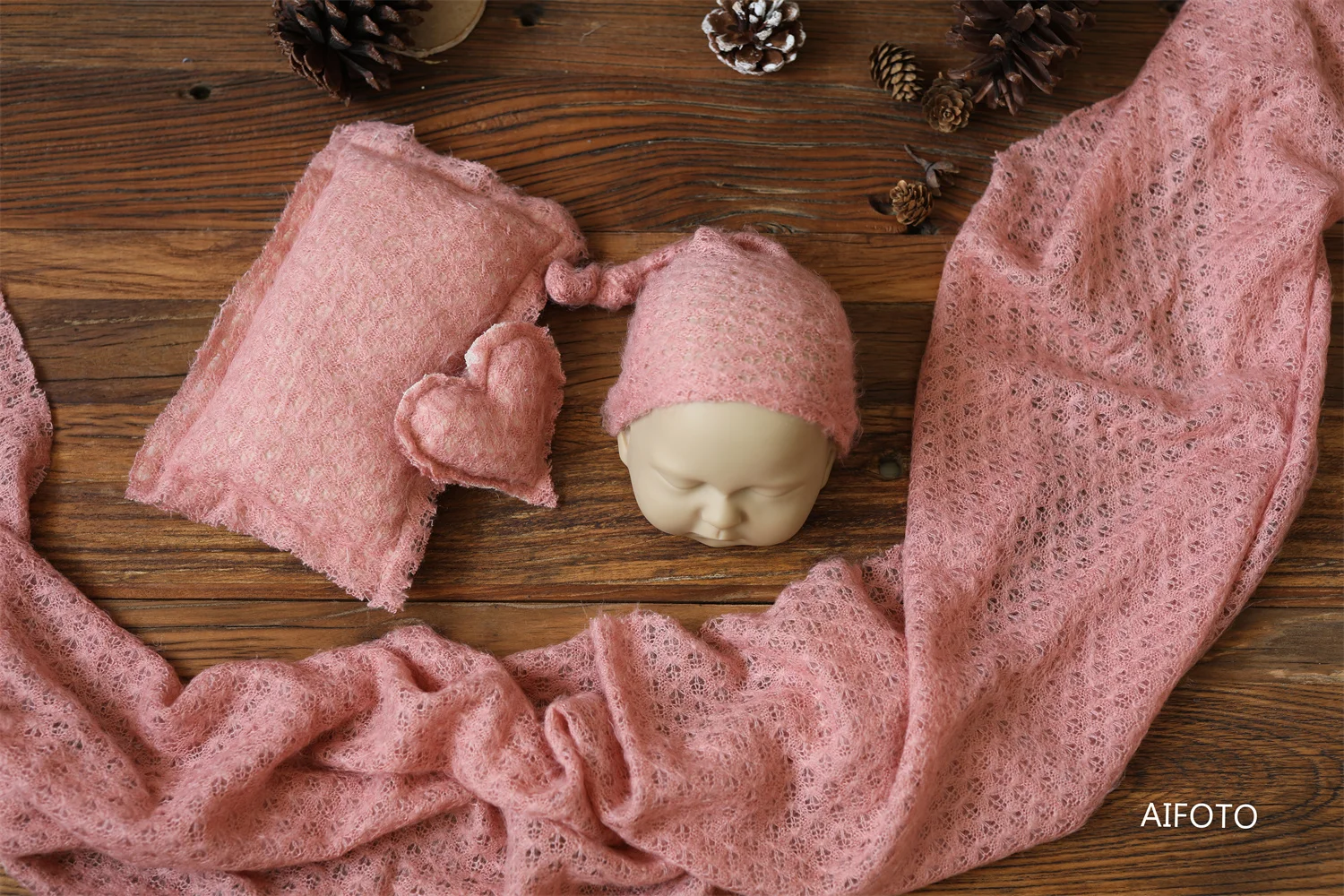 4 pics/Set Newborn Photography Prop Soft Beanie Sleep Hat Heart Pillow Photo Props Set for Baby Shower Gift Posing Fabric Wraps