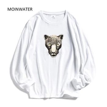 

MOINWATER Woman 2020 Cartoon Long Sleeve T shirts Leopard Pattern Cotton White Tees Lady Casual Black T shirt Tops MLT2015