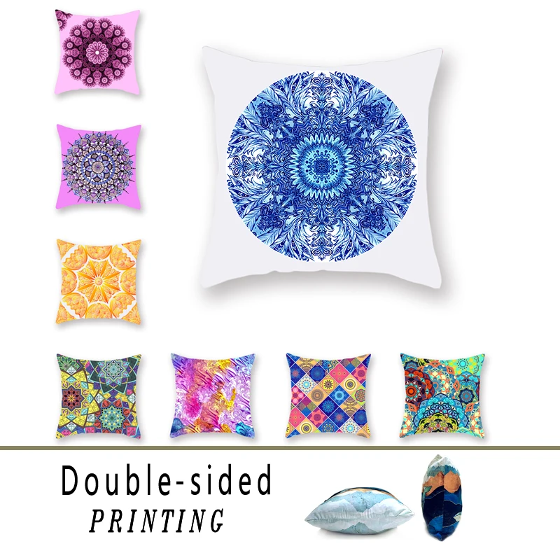 

Throw Pillow Cases Mandala Pattern Blue Powder Double-sided Polyester Printing Cushion Cover Car Home Sofa Decoration