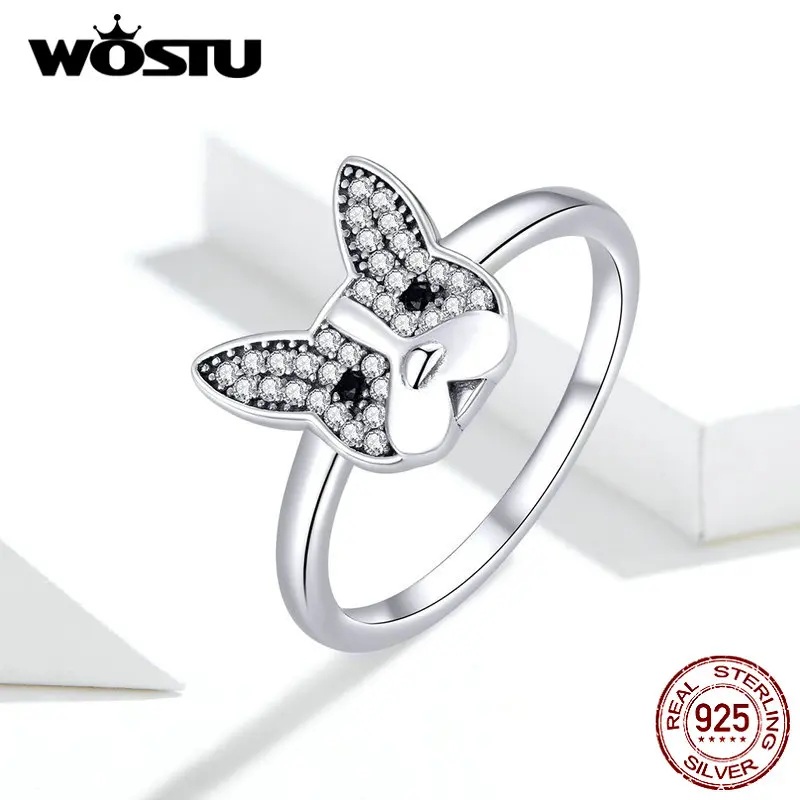 WOSTU Новое поступление 925 пробы серебряные кольца с французским бульдогом Регулируемый Открытый размер для женщин Свадебные модные ювелирные изделия FIR612