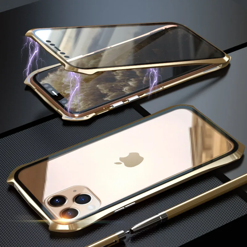 360 полный защитный чехол для телефона для iPhone 11 Pro Max чехол Магнитный чехол s для iPhone 11 Pro Max чехол металлический Bumber - Цвет: Gold