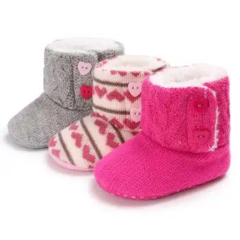 

Winter Boy Girl Shoes Infant Knitted Fabric Loving Heart Warm Soft Fluff Cotton Sole Newborn Toddler First Walkers Snow Boots