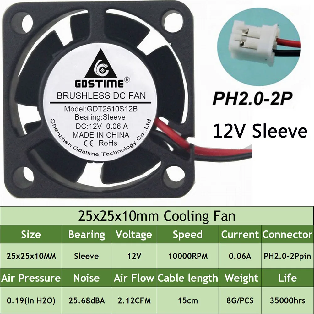 GDSTIME 10 шт. охлаждающий вентилятор постоянного тока 2510 с фокусным расстоянием 25 мм с 2pin для принтера 5 В, 12 В, 24 В постоянного тока, кулер несколько вариантов вентилятор - Цвет лезвия: 12V 2P PH2.0