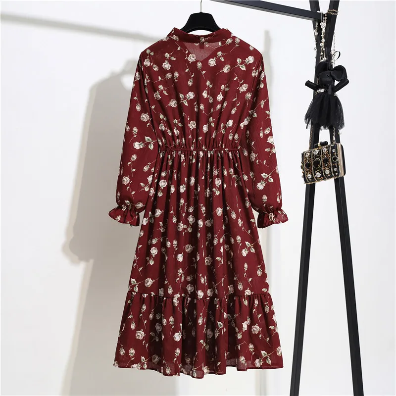 JMPRS Chiffon Women Shirt Dress Elegant Print Floral High Waist Casual Vintage Midi Dress Korean Bow Sun Ladies Vestidos prom dresses