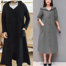 INCERUN, мужской однотонный длинный рукав, с капюшоном, длинный Тренч, куртки, стильные, повседневные, винтажные, с пряжкой, для мужчин и женщин, пальто, одежда, толстовки