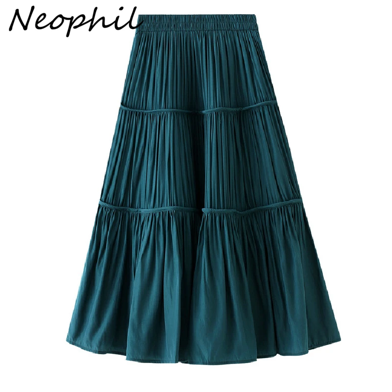 

Neophil 2022 Autumn Women Pleated Midi Skirts Vintage Casual Elastic Casual Solid Party Long Girl's Skirt Saias Femininas S21307
