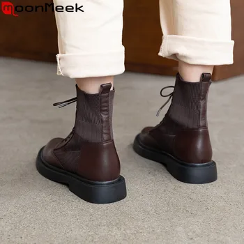 

MoonMeek 2020 new Knitted wool+cow leather boots round toe lace up ladies ankle boots low heels ladies autumn winter boots 2020