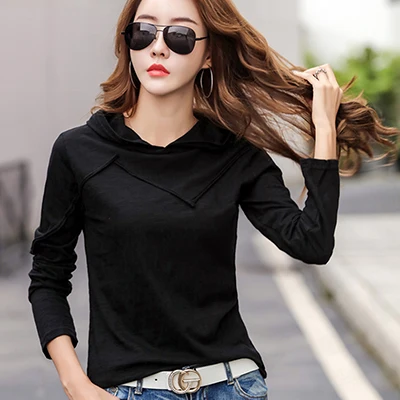 Shintimes футболка с капюшоном Женская Геометрическая футболка с длинным рукавом Женская одежда Женская Корея осень хлопок Повседневная футболка Femme - Цвет: black t shirt