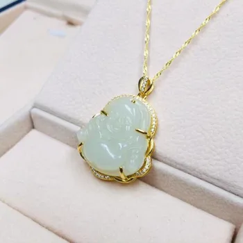 

Natural Unique Hetian White Jade 925 Silver Buddha Amulet Inlaid With Gold Chain For Men and Women Pendant