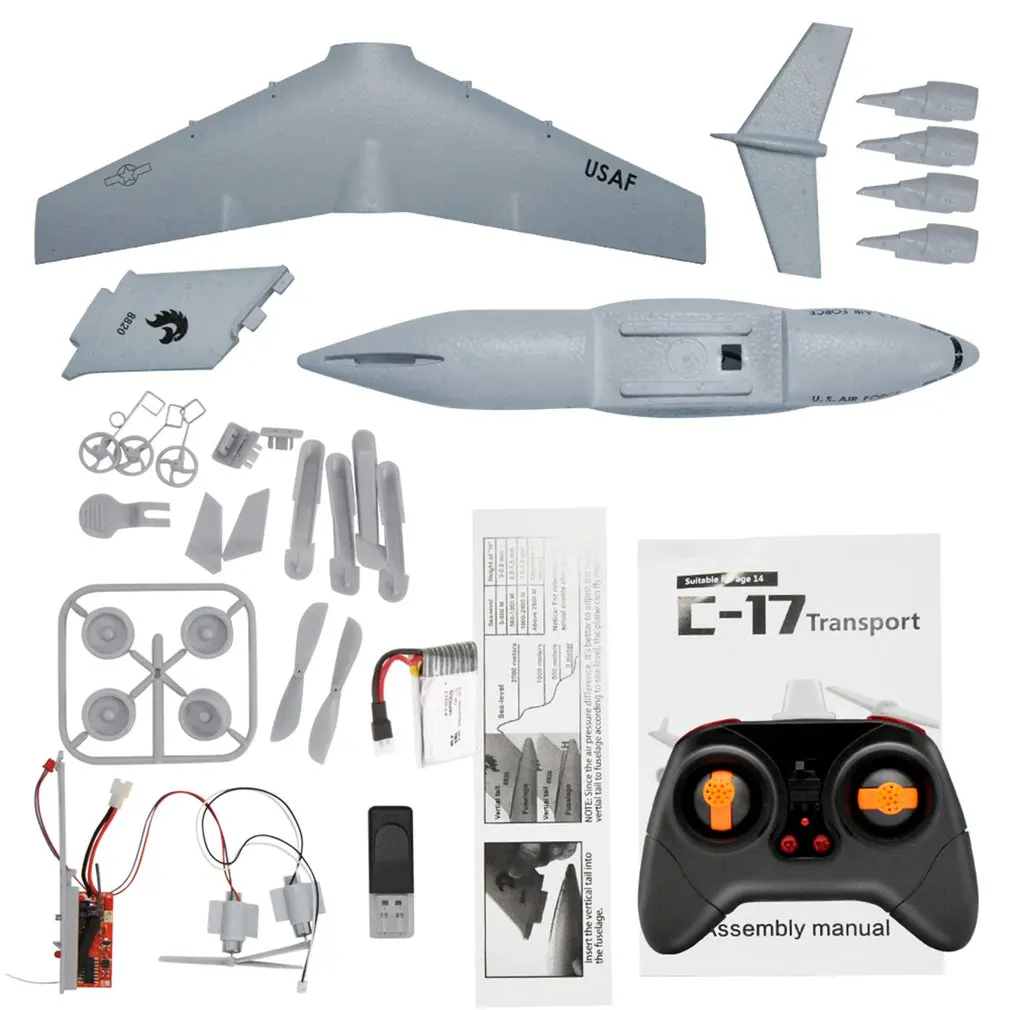 C17 RC Drone DIY Aircraft Transport Aircraft 373mm Wingspan EPP RC Drone Airplane 2.4GHz 2CH 3-Axis Aircraft for Children Toy