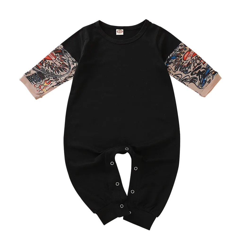 Осенний Детский комбинезон с татуировкой; комбинезон для новорожденных; Лоскутная Татуировка; длинный рукав; хлопковая одежда для малышей; комбинезон для маленьких мальчиков - Цвет: Black