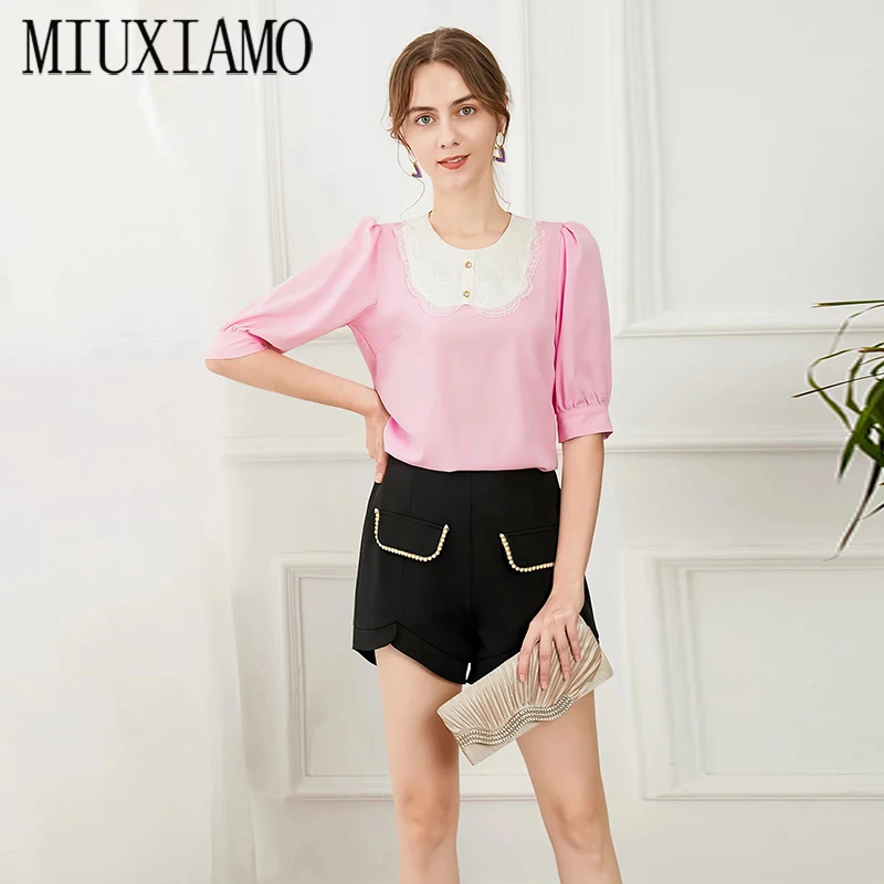 

2021 New Summer Women's Suit O-neck Chiffon Midsleeved Shirt +Double Pocket Fashion Irregular Shorts