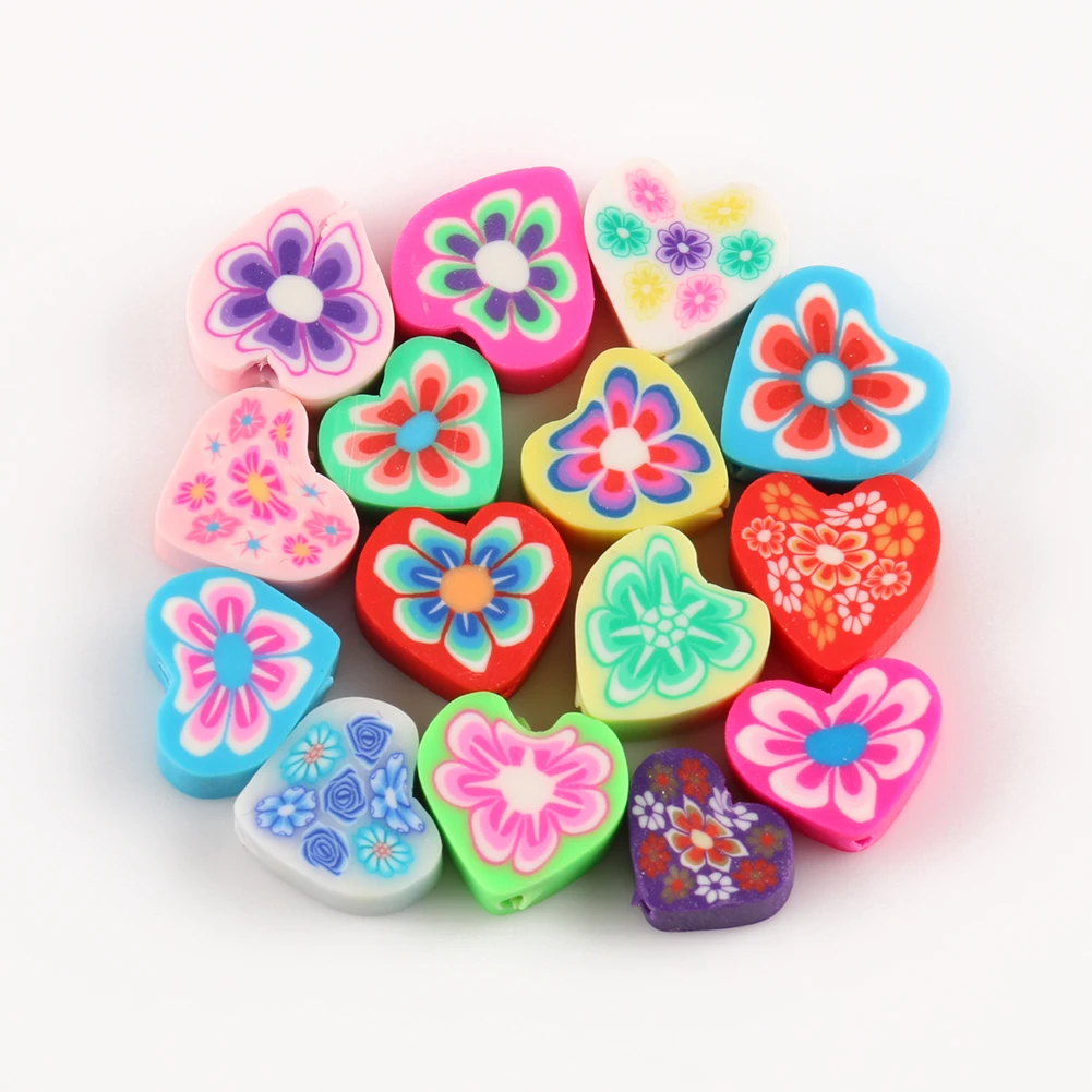 50X Mixed Heart Shape Flower Pattern Polymer Clay Loose Beads Charm DIY Gift 