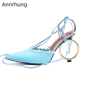 

Cross Tied Gladiator Sandals Women Metal Circle Letter Heel Sexy Pointed Toe Strange High Heel Shoes Runway Sandalias Mujer