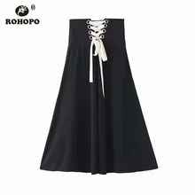 ROHOPO туника с повязкой на талии, черная юбка макси, черная юбка миди, большой расклешенный подол, Женская Осенняя однотонная плиссированная юбка с высокой талией до середины икры, Falda 7406